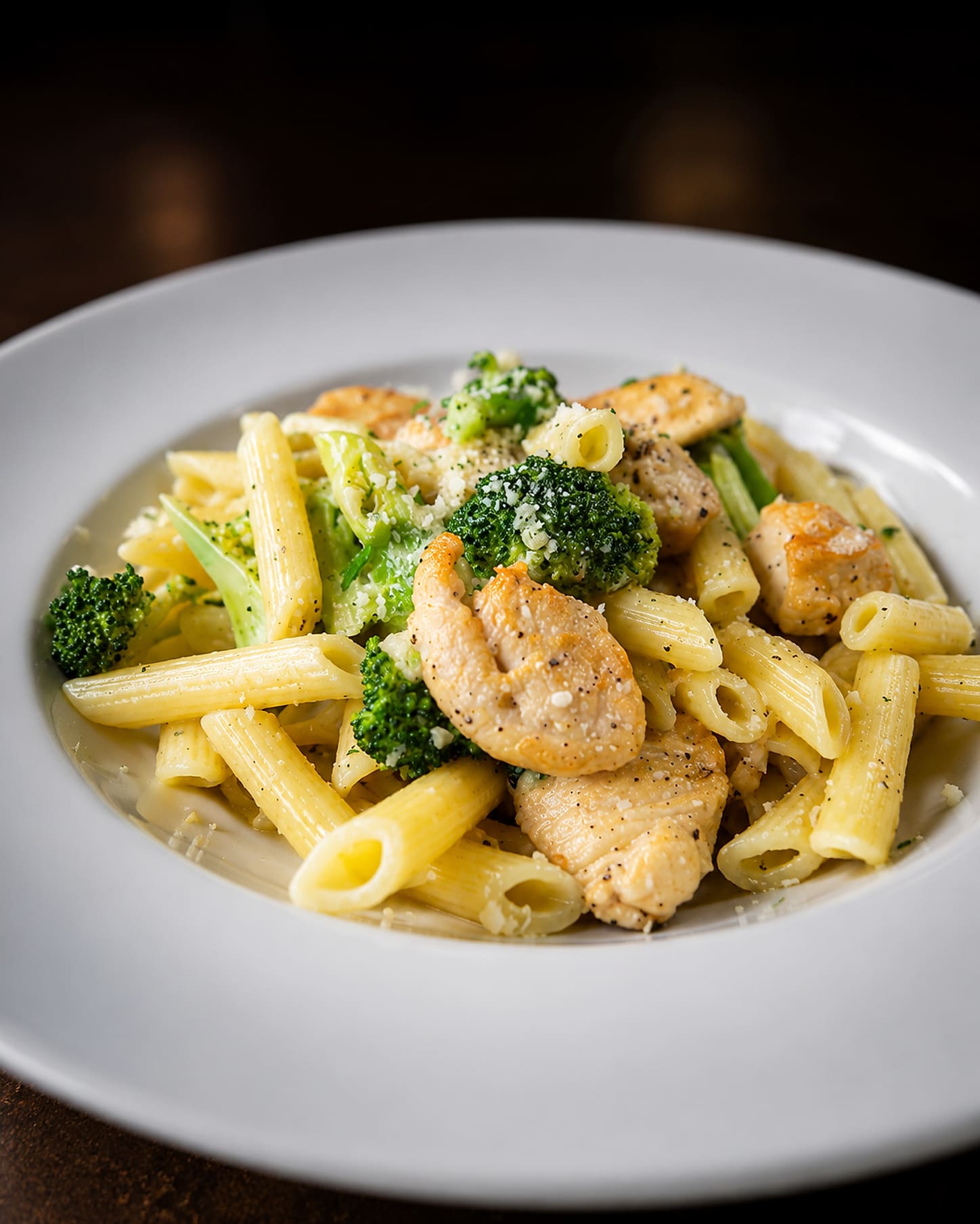 Penne with pieces of sautéed chicken and broccoli florets, dressed in garlic and oil and dusted with grated cheese.