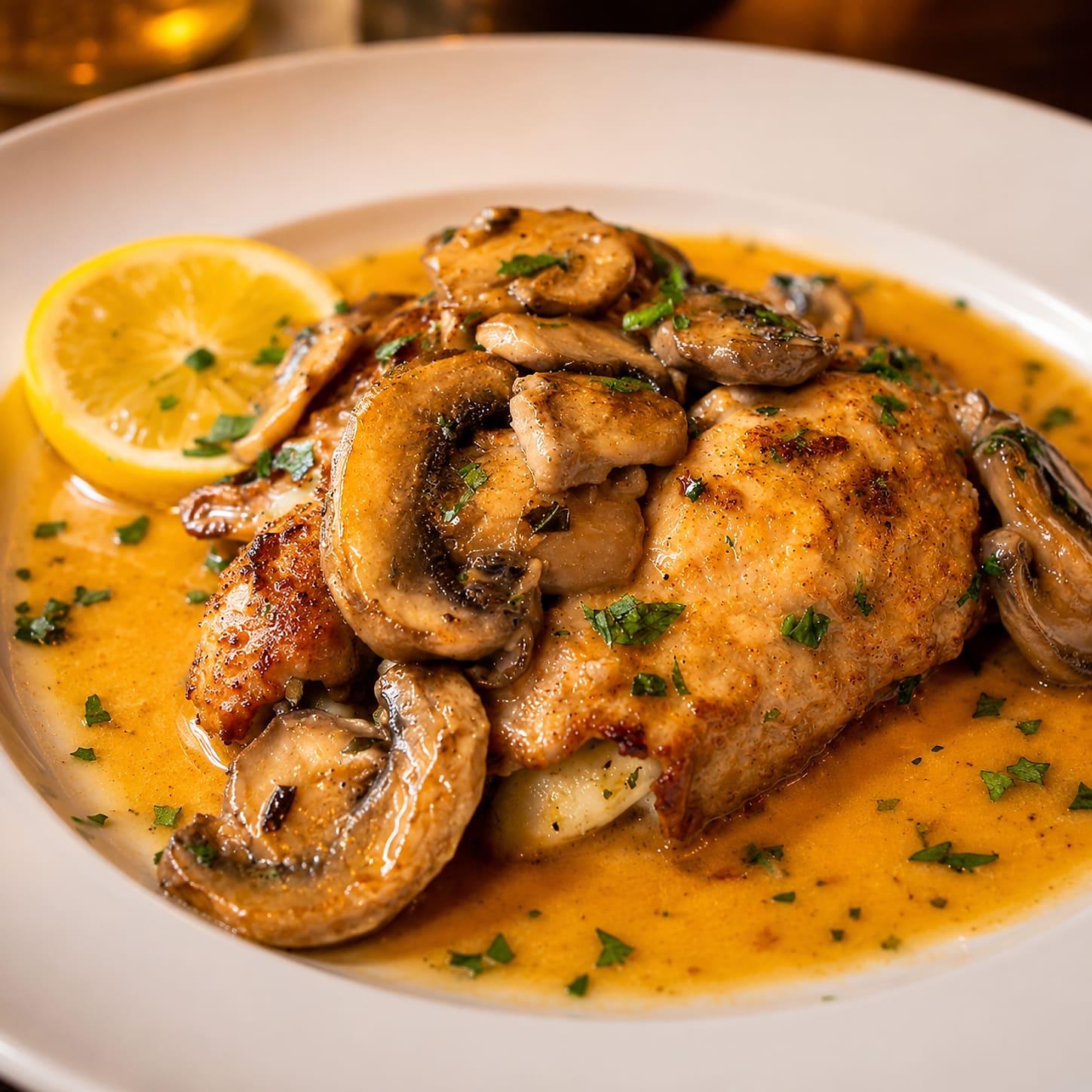 A chicken breast under sliced mushrooms in a glossy lemon butter sauce, with a half slice of lemon on the rim of the plate.
