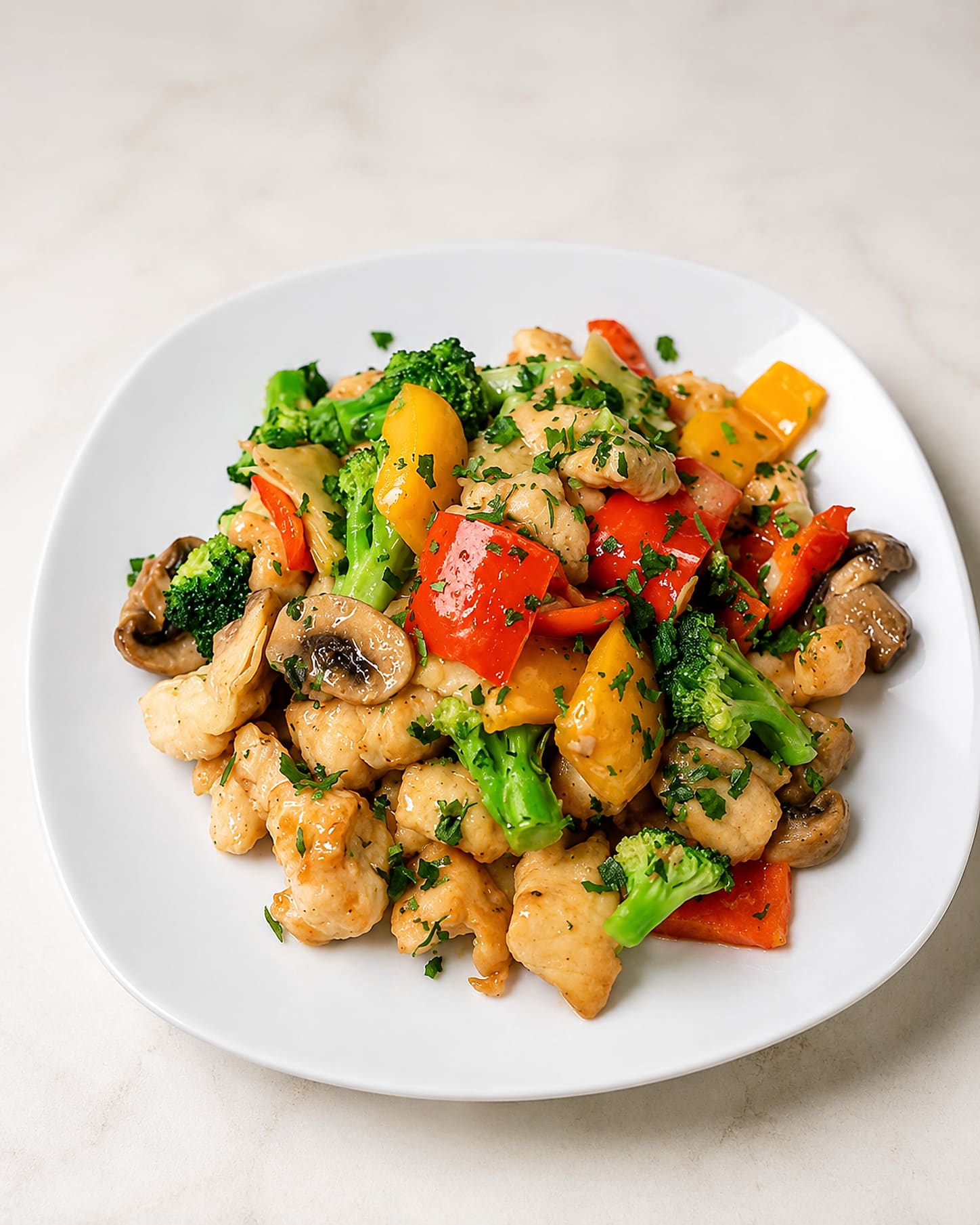 Sautéed chicken pieces with broccoli, mushrooms, artichoke hearts and red and yellow peppers, heaped on a white plate.