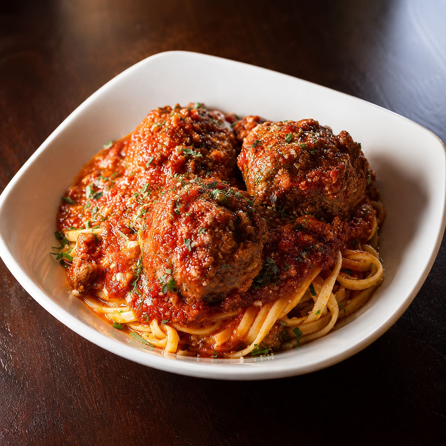 Two large meatballs in thick tomato sauce over linguini in a square white bowl on a dark wooden table.