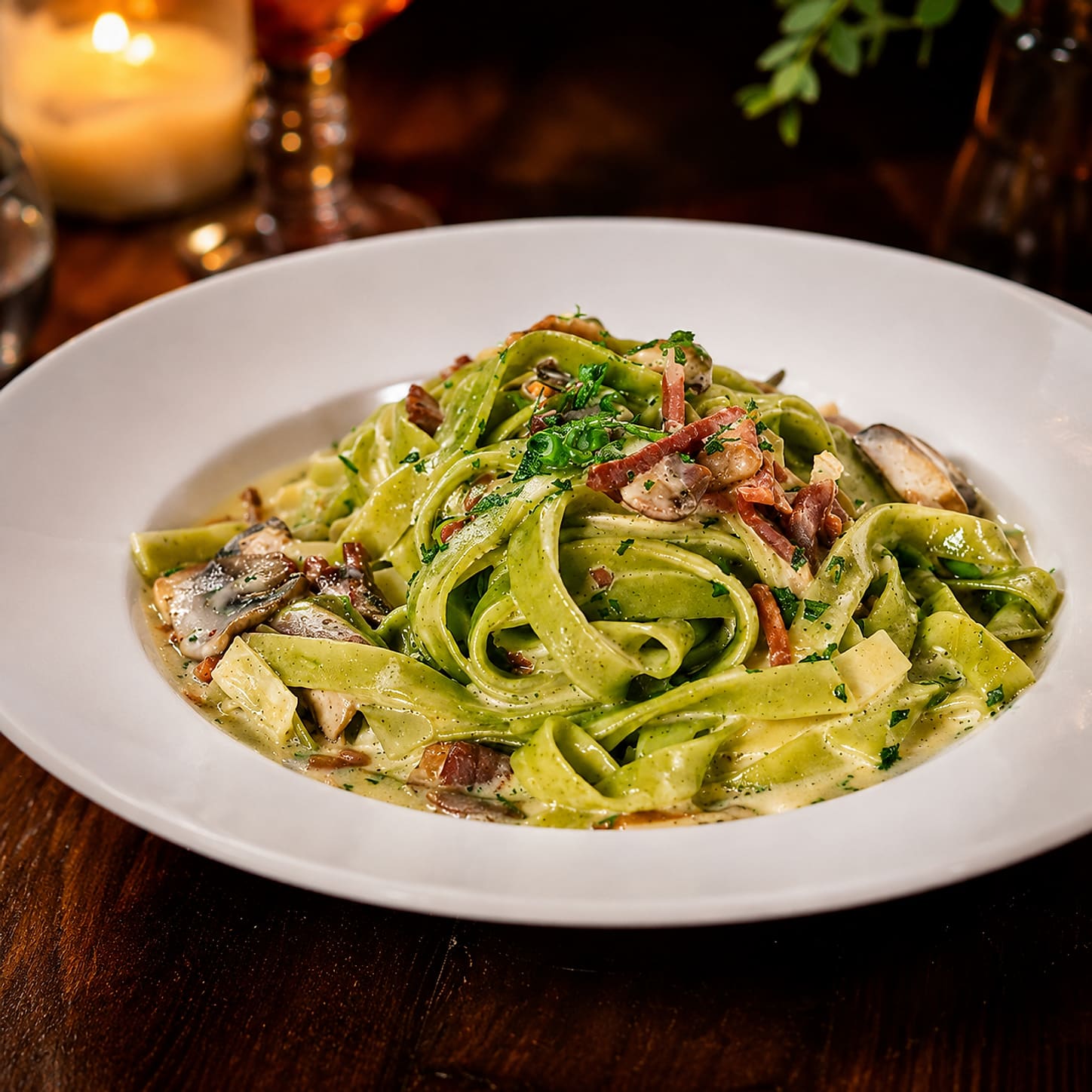 Green spinach and pale egg fettuccine tossed together in a cream sauce with strips of prosciutto and sliced mushrooms, in a wide white bowl by candlelight.