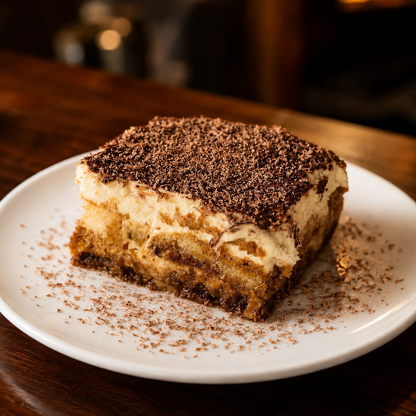A square slice of tiramisu heaped with grated dark chocolate on a white plate, on a dark wooden table.